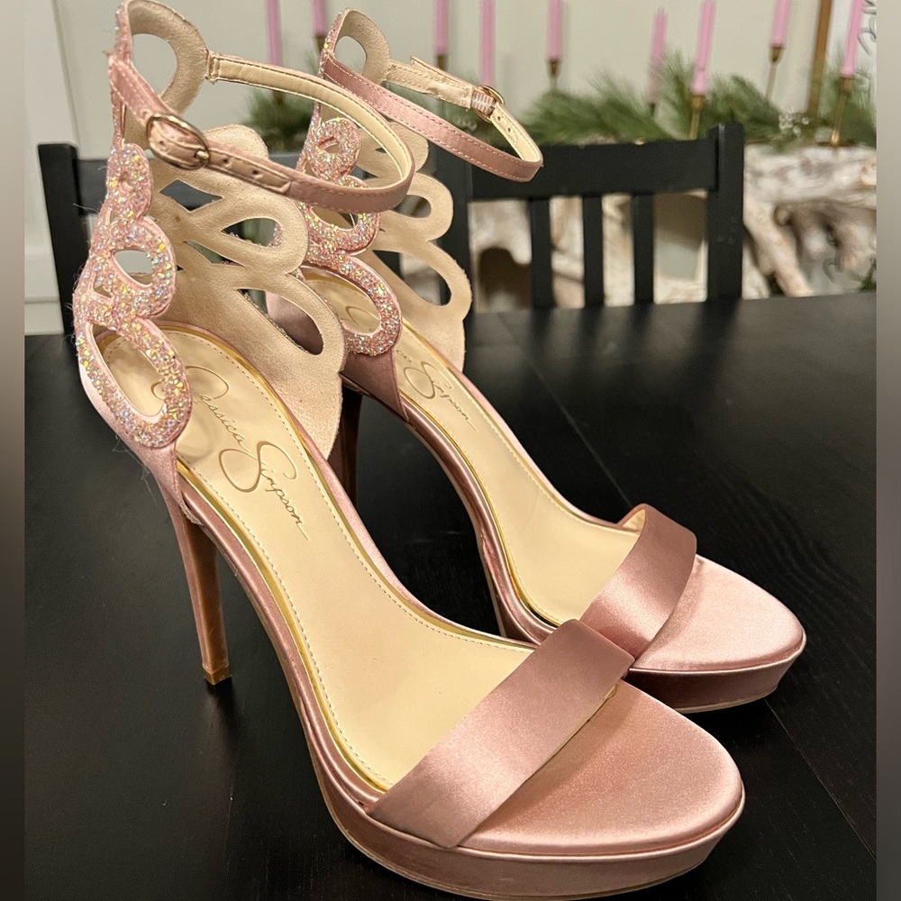 Jessica Simpson Blush Pink Satin Platform Heels with Glitter Ankle Detail